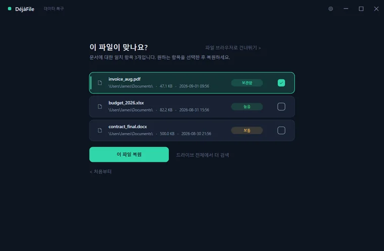 DéjàFile이 복구 가능성으로 등급을 매긴 유력한 일치 파일들을 보여 주고, 그중 하나가 선택되어 복원할 준비가 되어 있습니다.