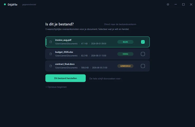 DéjàFile toont waarschijnlijke bestandstreffers beoordeeld op herstelbaarheid, met er één geselecteerd en klaar om te herstellen.