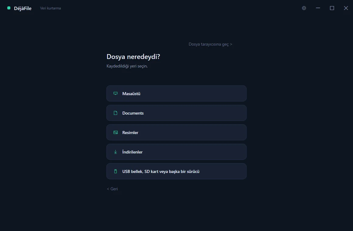 DéjàFile’s guided mode asking which drive the lost file was on.