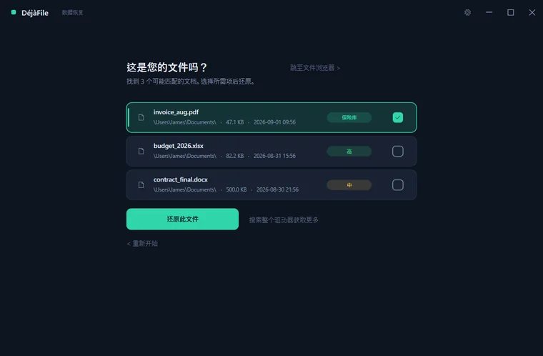 DéjàFile 按可恢复性为可能匹配的文件评级并列出，其中一个已选中，随时可以还原。